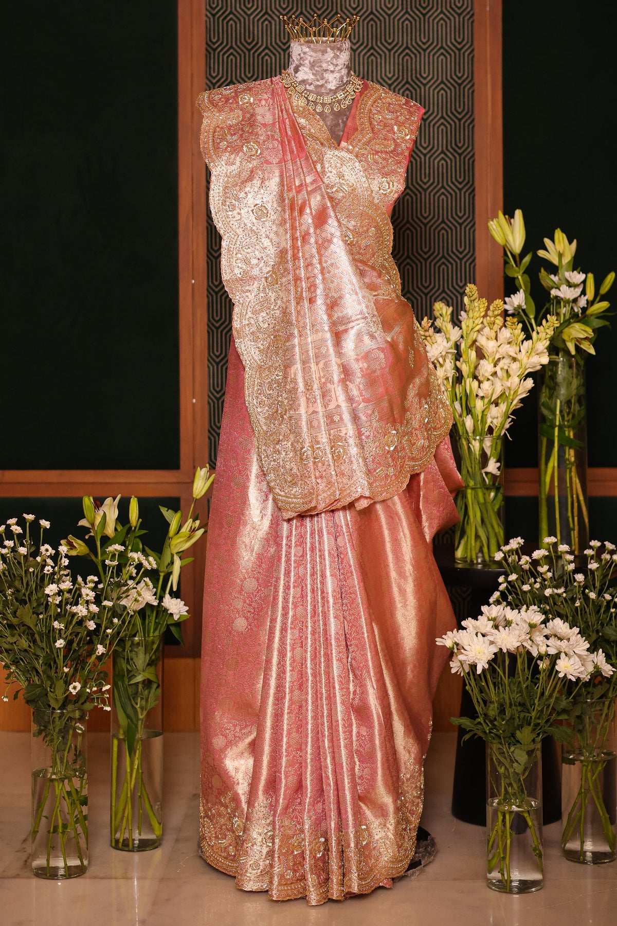 Light Pink Kanchipuram Tissue Traditional Woven Saree with Zardosi Work - pink saree