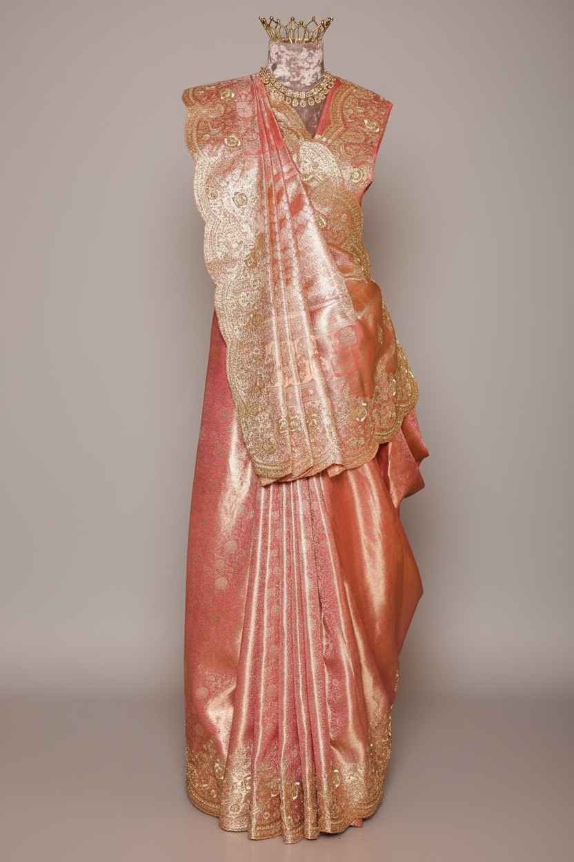 Light Pink Kanchipuram Tissue Traditional Woven Saree with Zardosi Work - pink saree