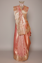Light Pink Kanchipuram Tissue Traditional Woven Saree with Zardosi Work - pink saree