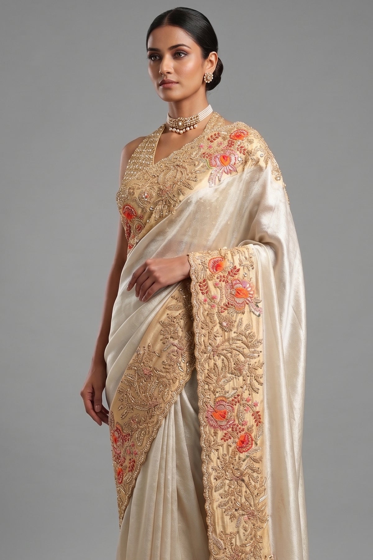 Off White Tissue Saree with Contrast Floral Embroidery and Sequin Beaded Work Border - white saree embroidery
