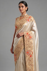 Off White Tissue Saree with Contrast Floral Embroidery and Sequin Beaded Work Border - white saree embroidery