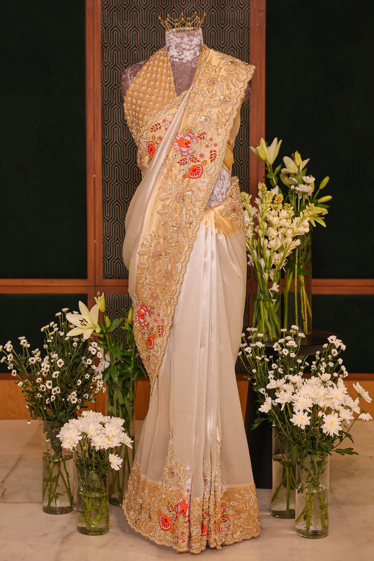 Off White Tissue Saree with Contrast Floral Embroidery and Sequin Beaded Work Border - white saree embroidery