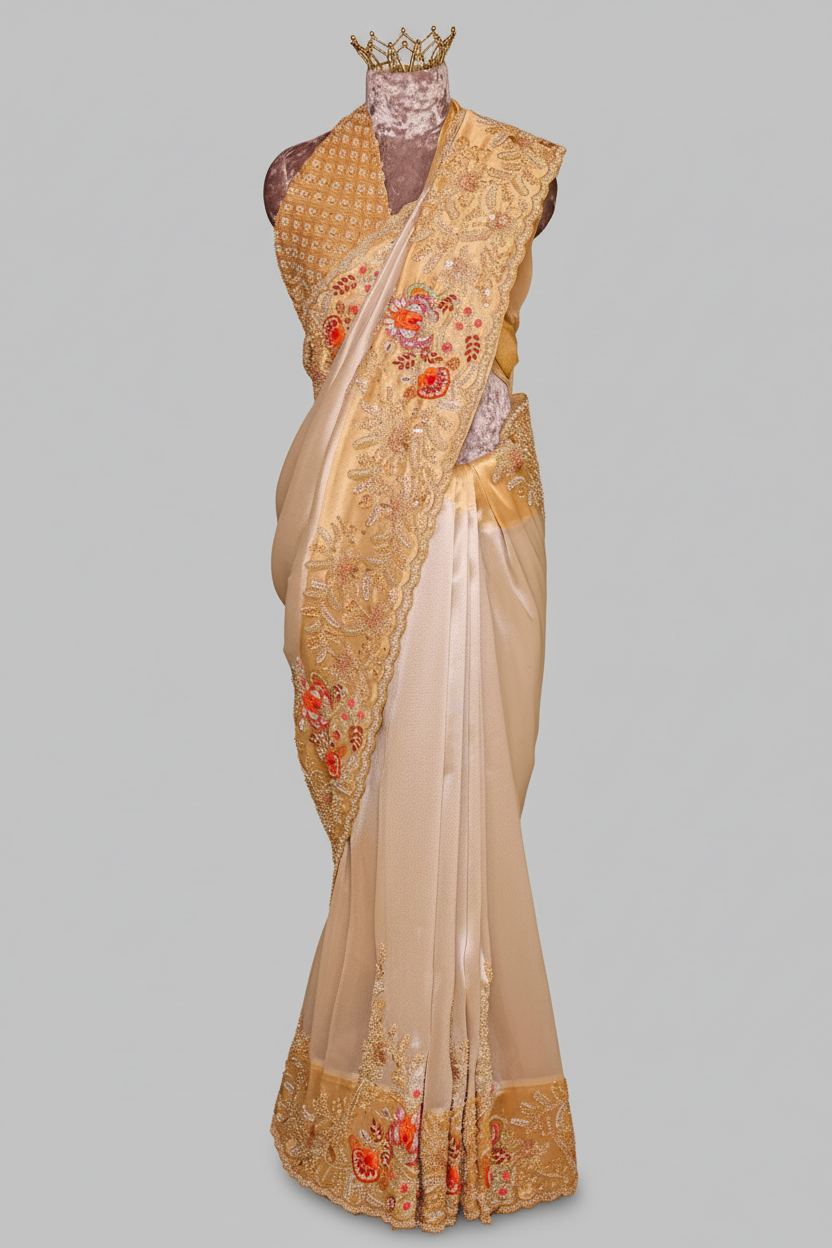 Off White Tissue Saree with Contrast Floral Embroidery and Sequin Beaded Work Border - white saree embroidery