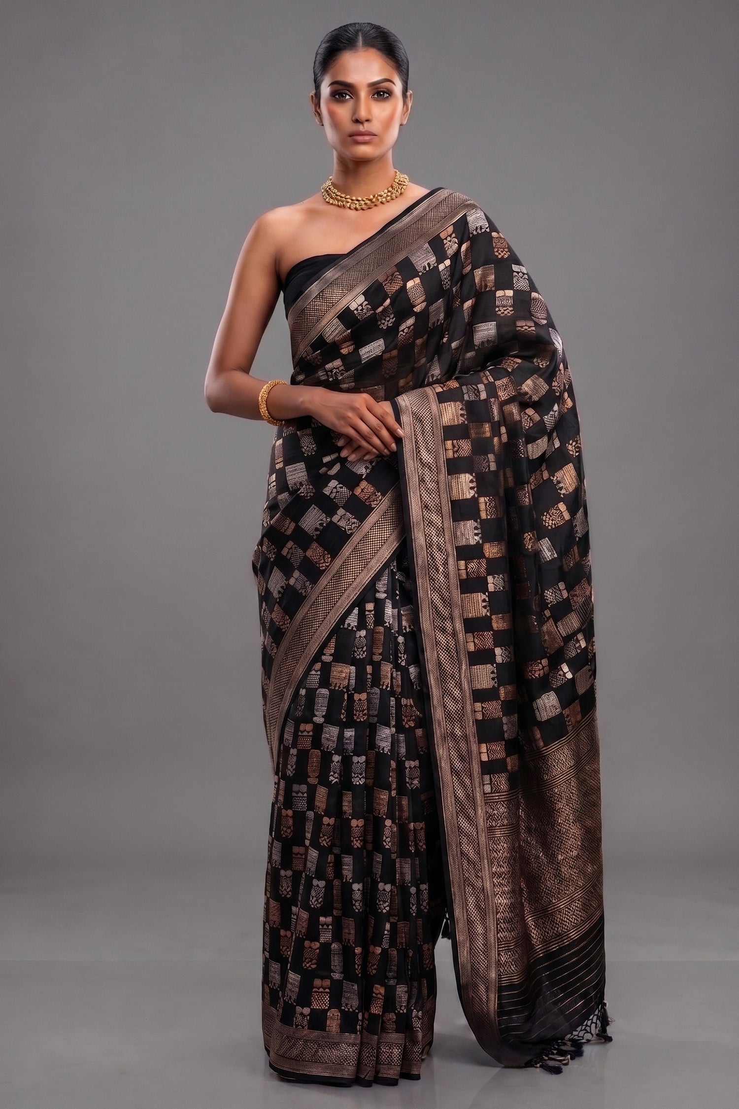 Black Banarasi Silk Woven Saree - black silk saree