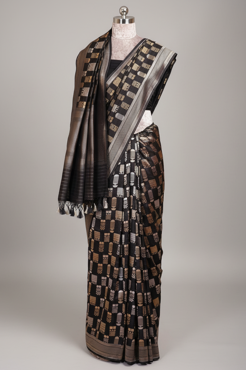 Black Banarasi Silk Woven Saree - black silk saree