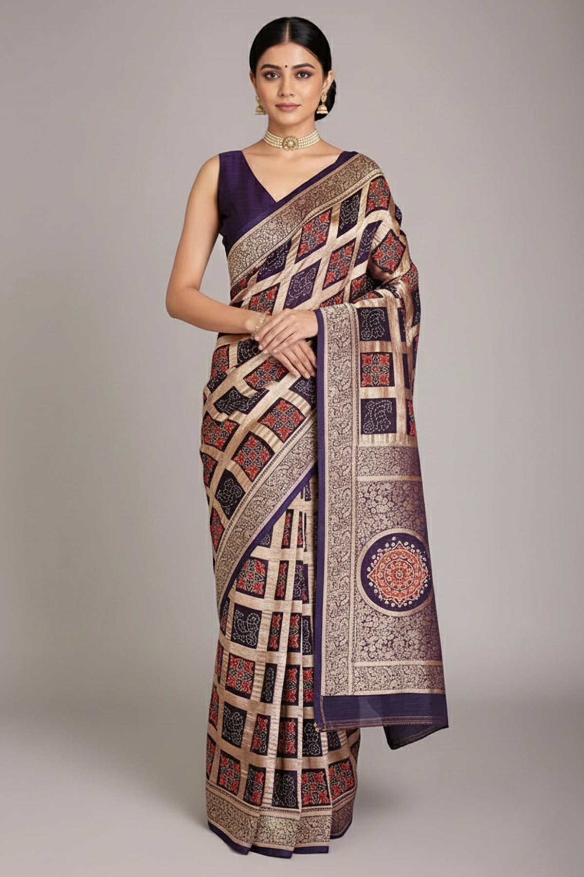 Blue Modal Silk Checks Ajrakh Printed Saree