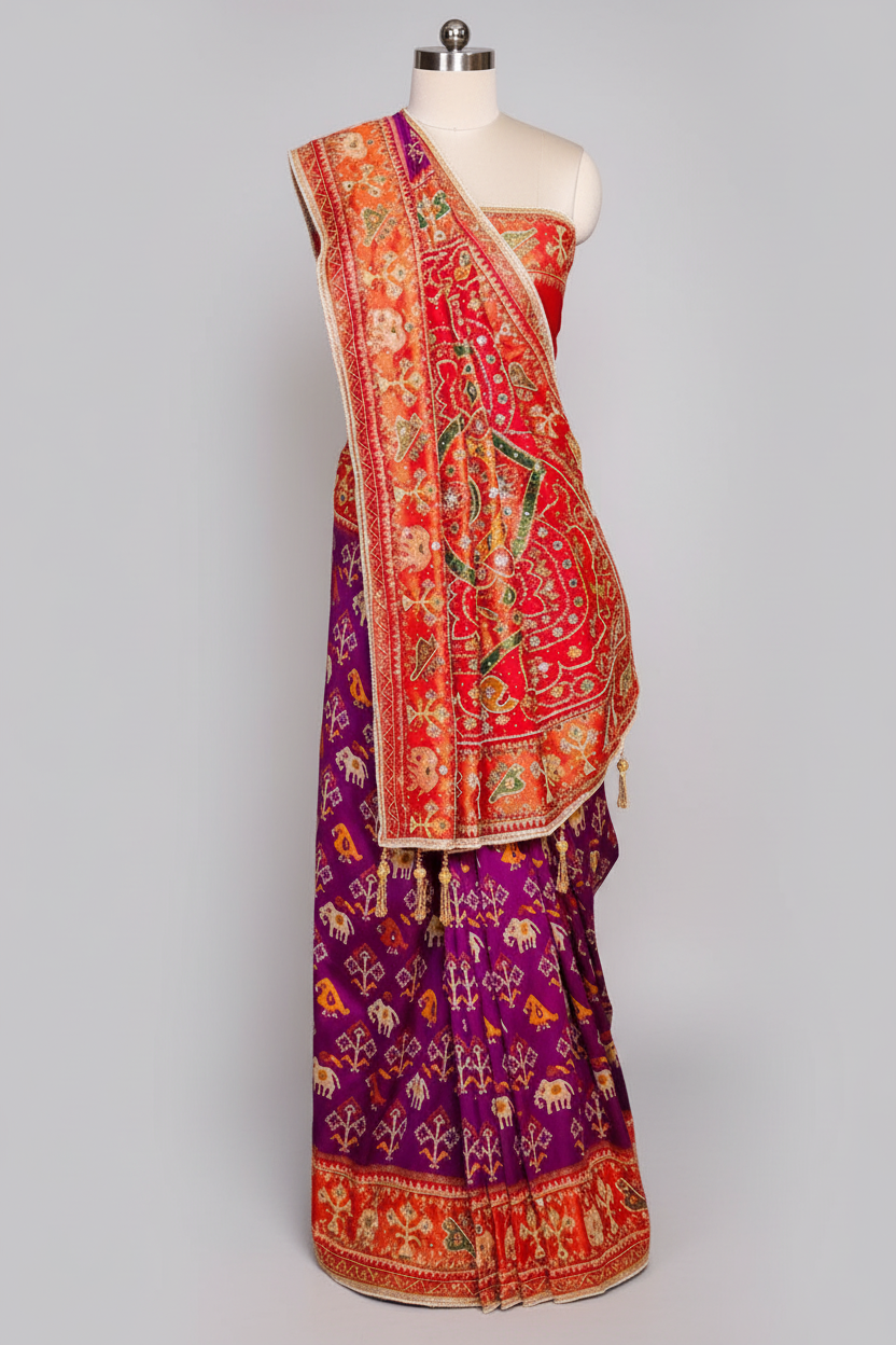 Purple Silk Woven Patola Saree with Handwork Pallu and Border - purple silk saree patola