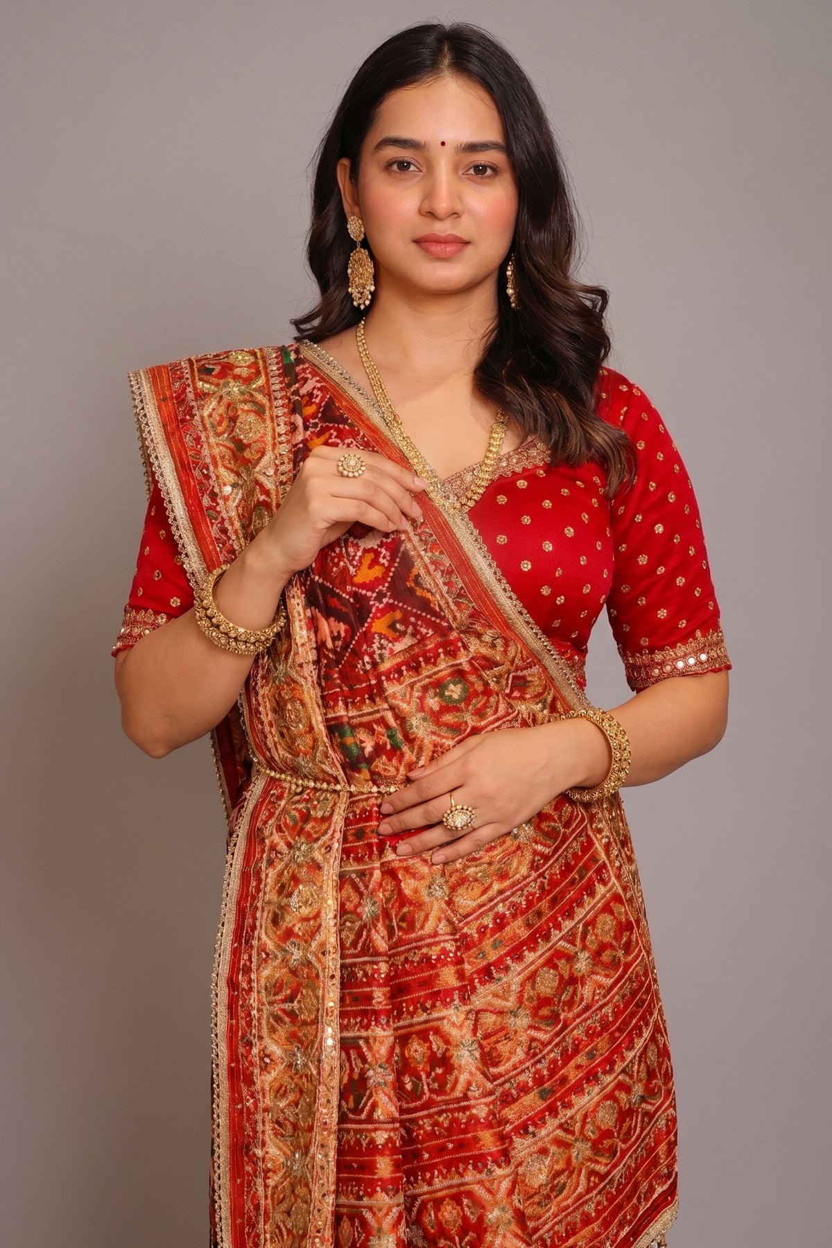 Multi Colored Checks Art Silk Patola Saree with Handwork Pallu and Border - red silk saree patola