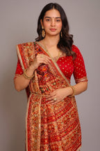 Multi Colored Checks Art Silk Patola Saree with Handwork Pallu and Border - red silk saree patola