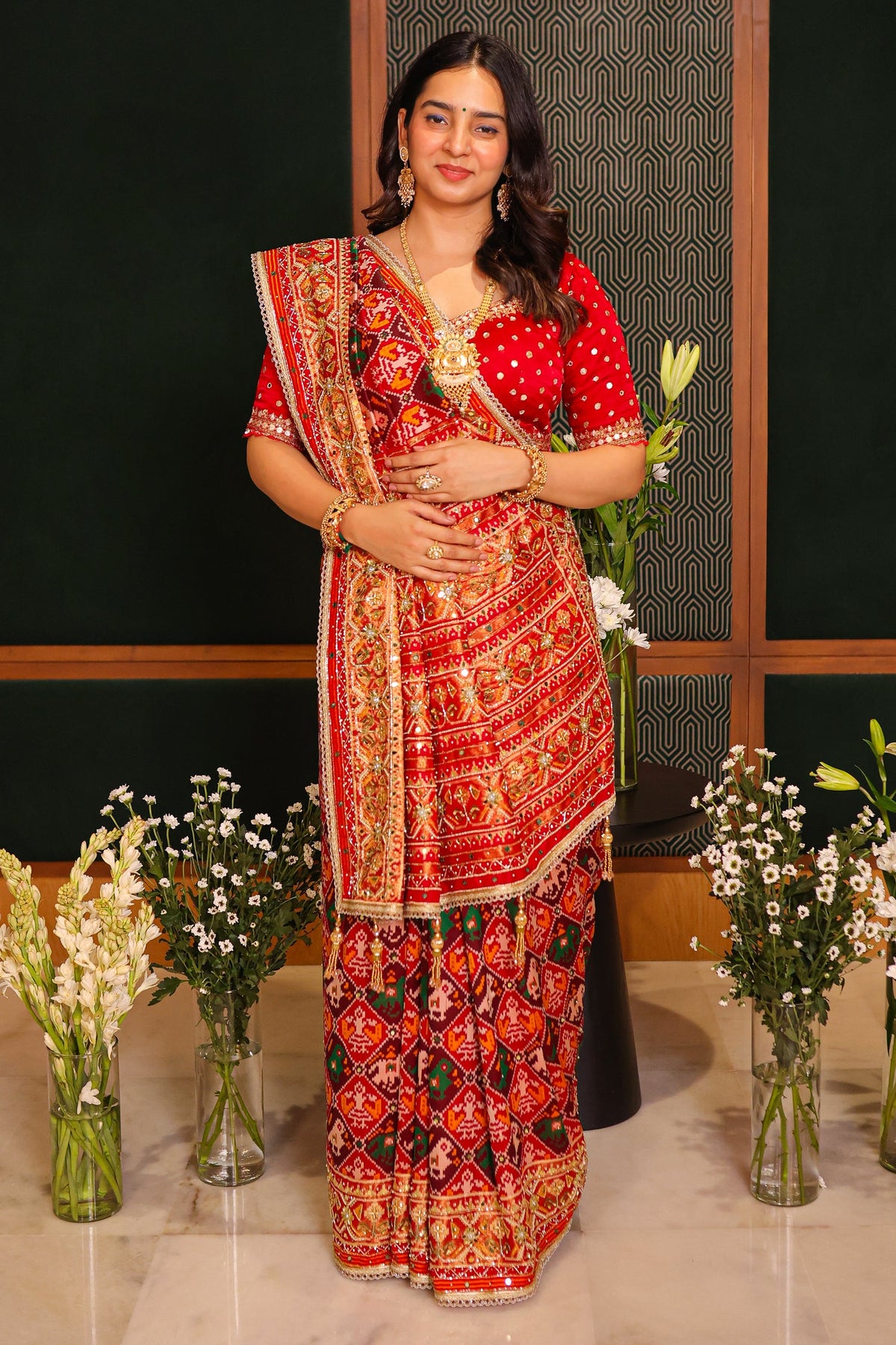 Multi Colored Checks Art Silk Patola Saree with Handwork Pallu and Border - red silk saree patola