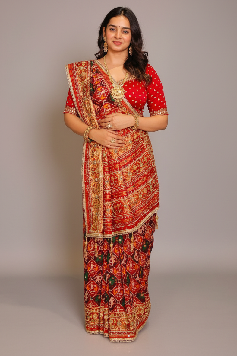 Multi Colored Checks Art Silk Patola Saree with Handwork Pallu and Border - red silk saree patola