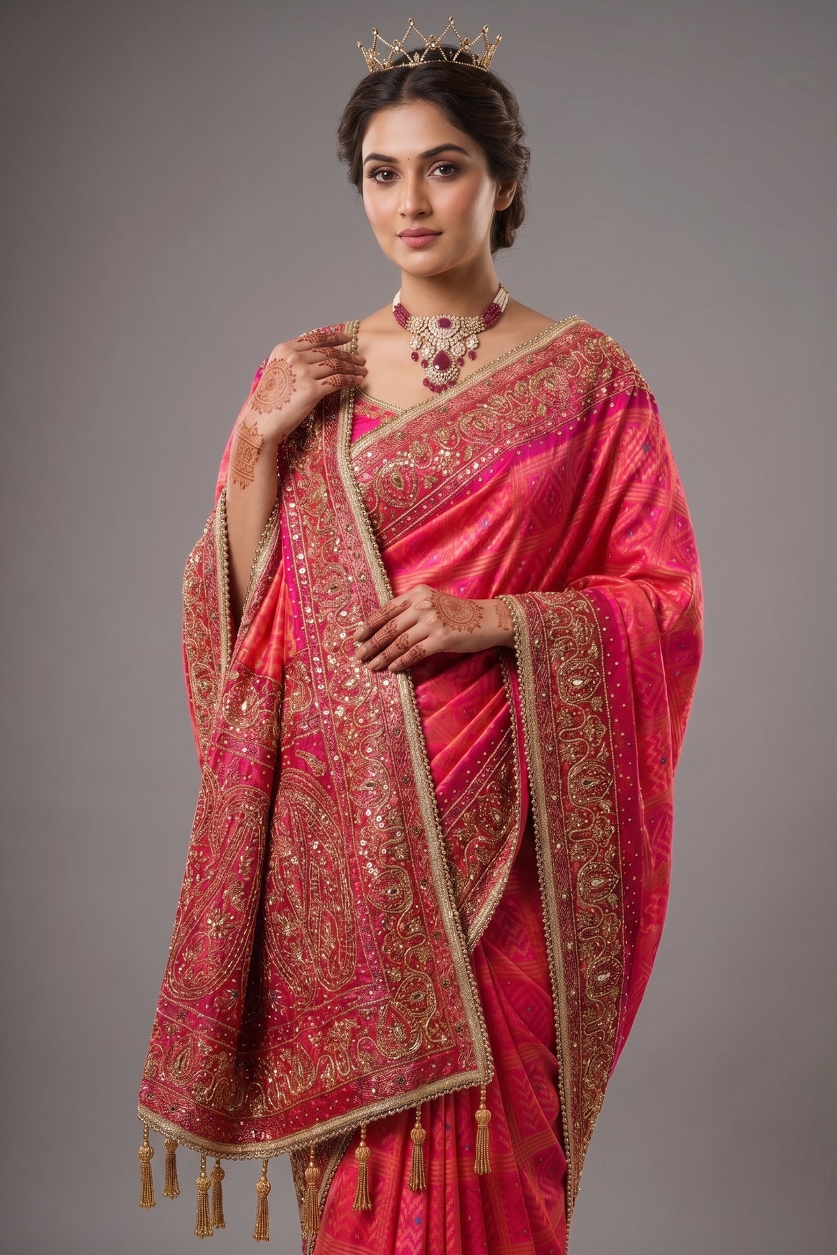 Pink Checks Art Silk Saree with Handworked Border and Pallu - pink silk saree