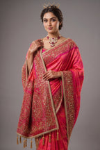 Pink Checks Art Silk Saree with Handworked Border and Pallu - pink silk saree