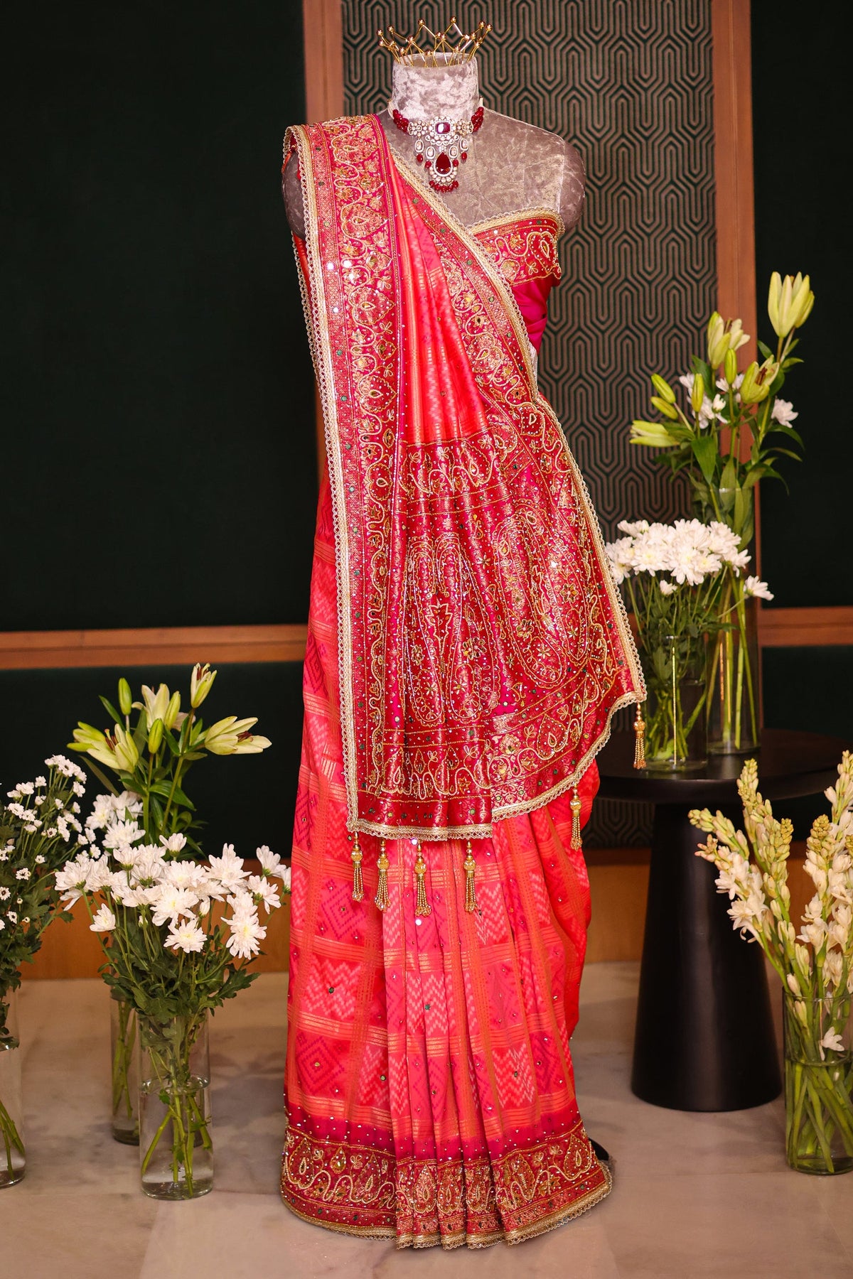Pink Checks Art Silk Saree with Handworked Border and Pallu - pink silk saree