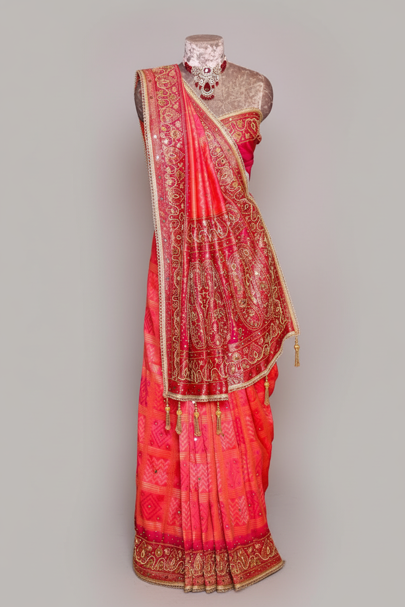 Pink Checks Art Silk Saree with Handworked Border and Pallu - pink silk saree