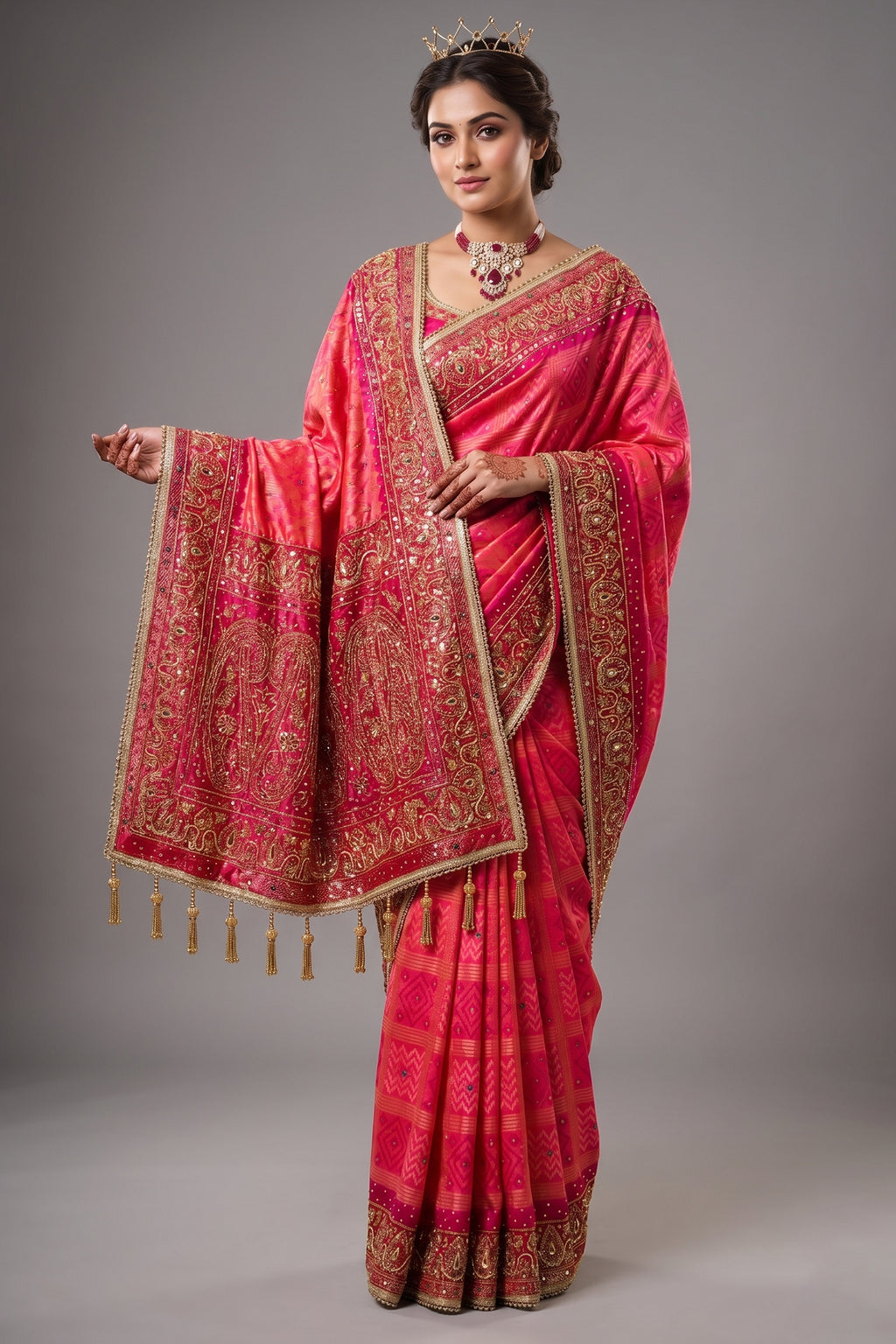 Pink Checks Art Silk Saree with Handworked Border and Pallu - pink silk saree