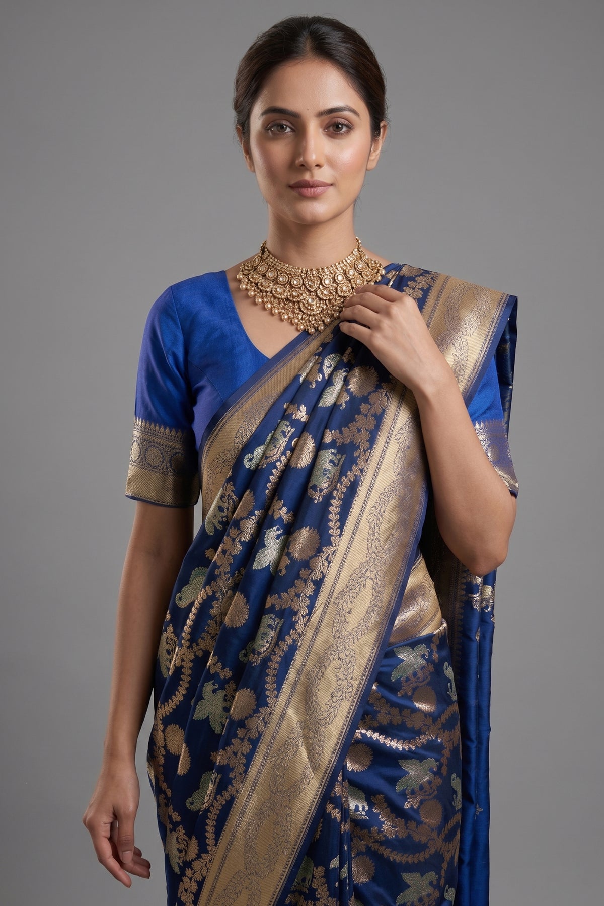 Blue Banarasi Silk Animal Motif All Over Woven Saree - blue silk saree