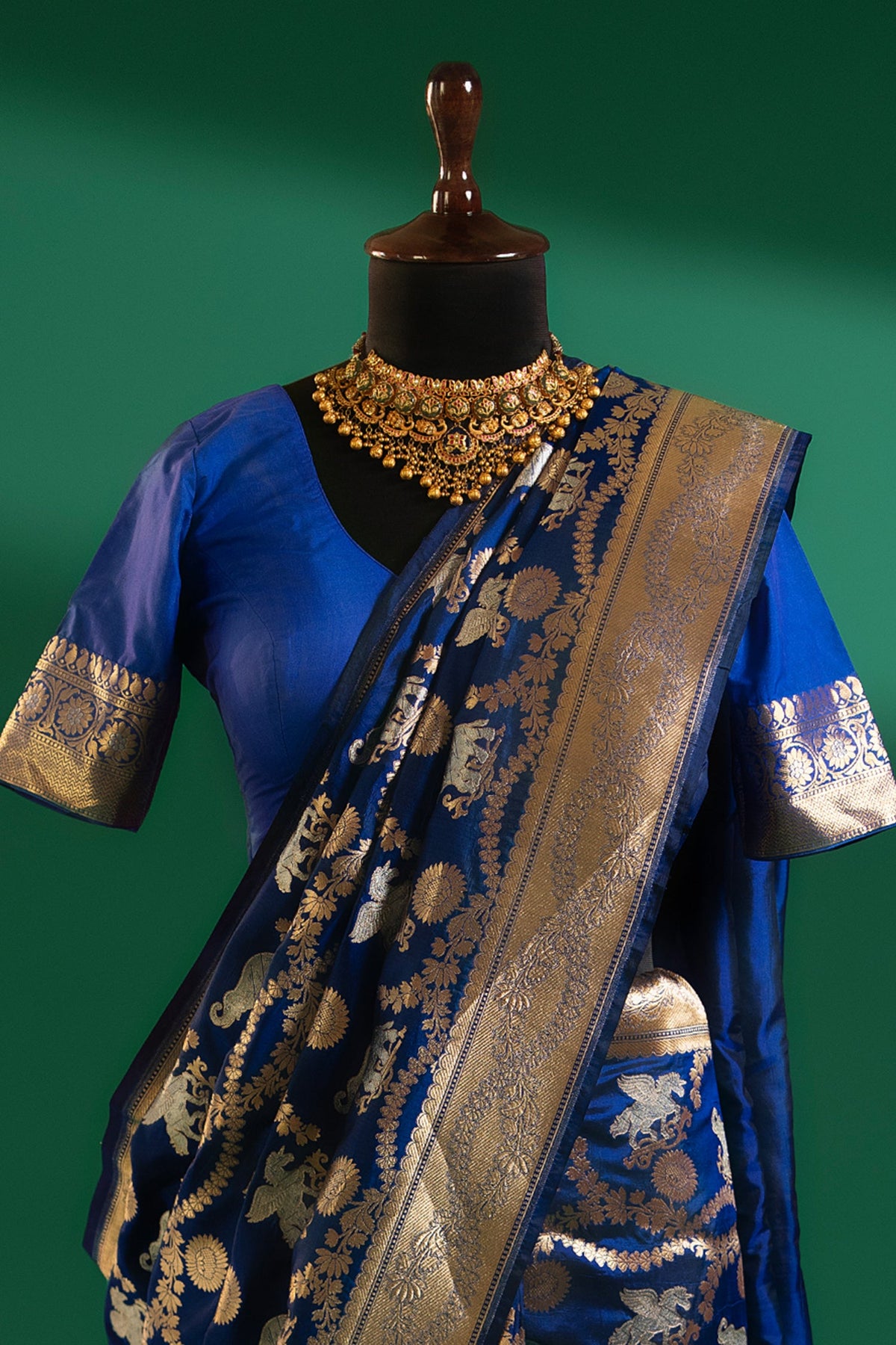 Blue Banarasi Silk Animal Motif All Over Woven Saree - blue silk saree