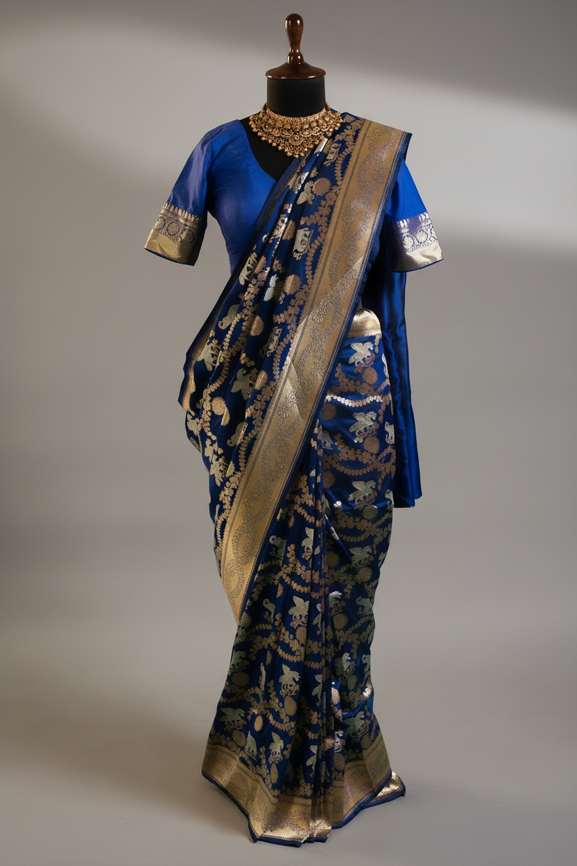 Blue Banarasi Silk Animal Motif All Over Woven Saree - blue silk saree