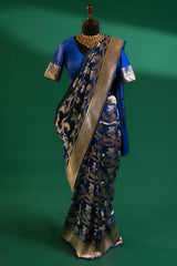 Blue Banarasi Silk Animal Motif All Over Woven Saree