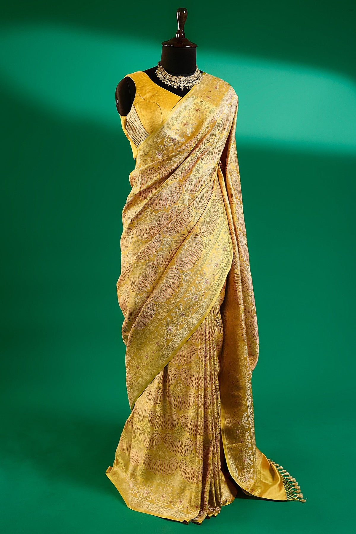 Light Yellow Silk All Over Woven Saree - yellow silk saree