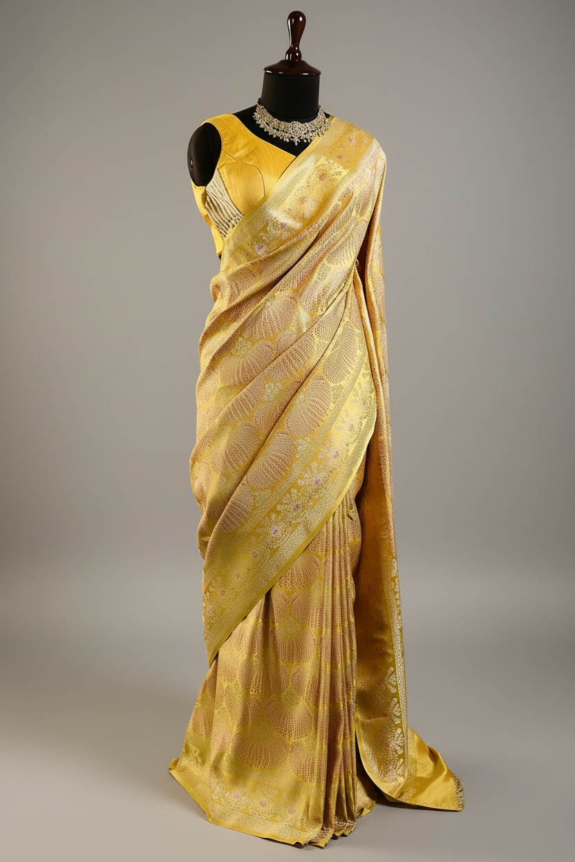 Light Yellow Silk All Over Woven Saree - yellow silk saree