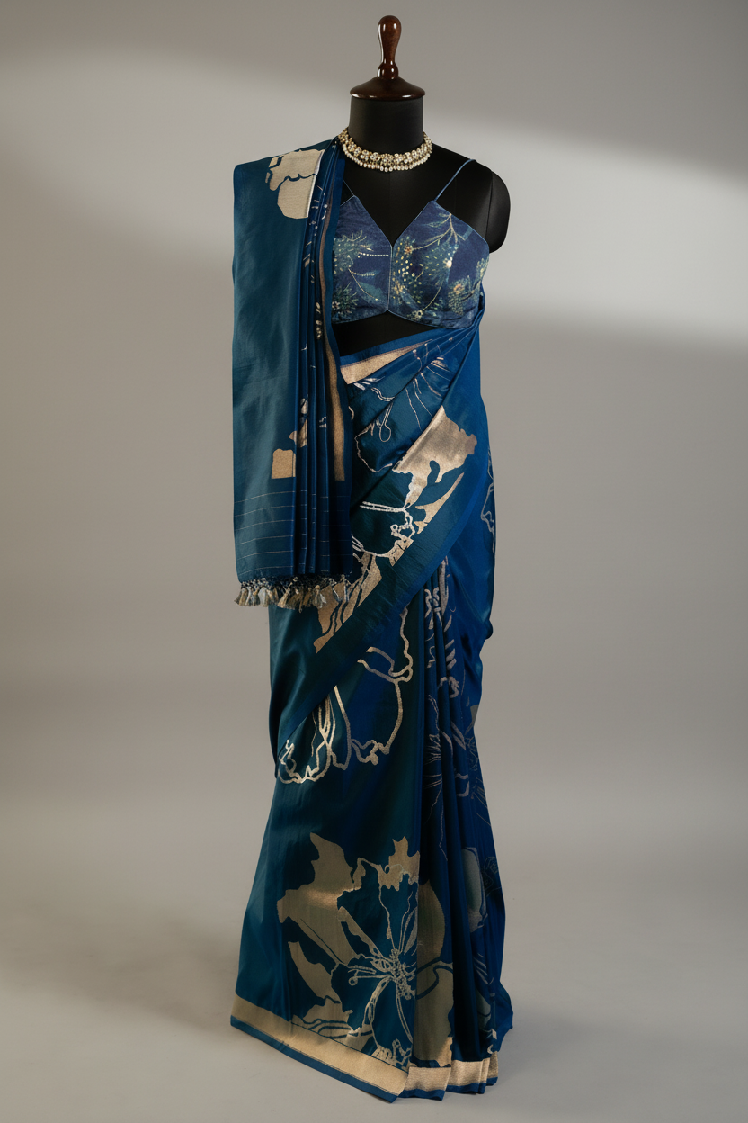 Blue Silk Saree with Zari Weaving - blue silk saree zari