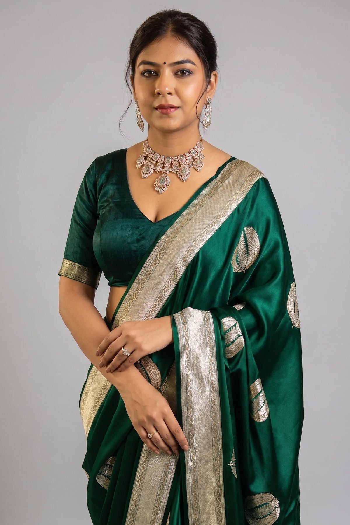 Bottle Green Mango Silk Woven Saree Contrast Border and Pallu