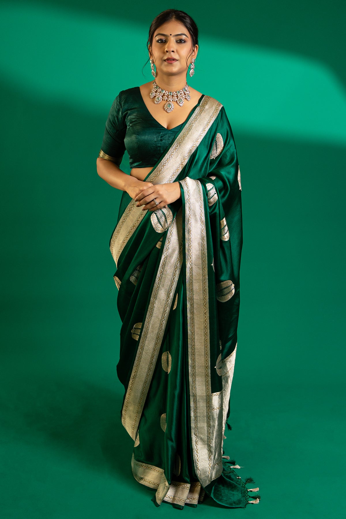 Bottle Green Mango Silk Woven Saree Contrast Border and Pallu - green silk saree