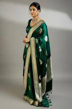 Bottle Green Mango Silk Woven Saree Contrast Border and Pallu - green silk saree