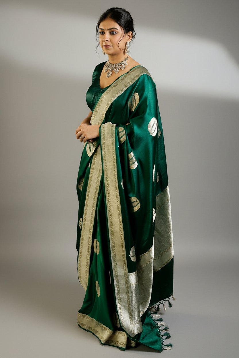 Bottle Green Mango Silk Woven Saree Contrast Border and Pallu - green silk saree