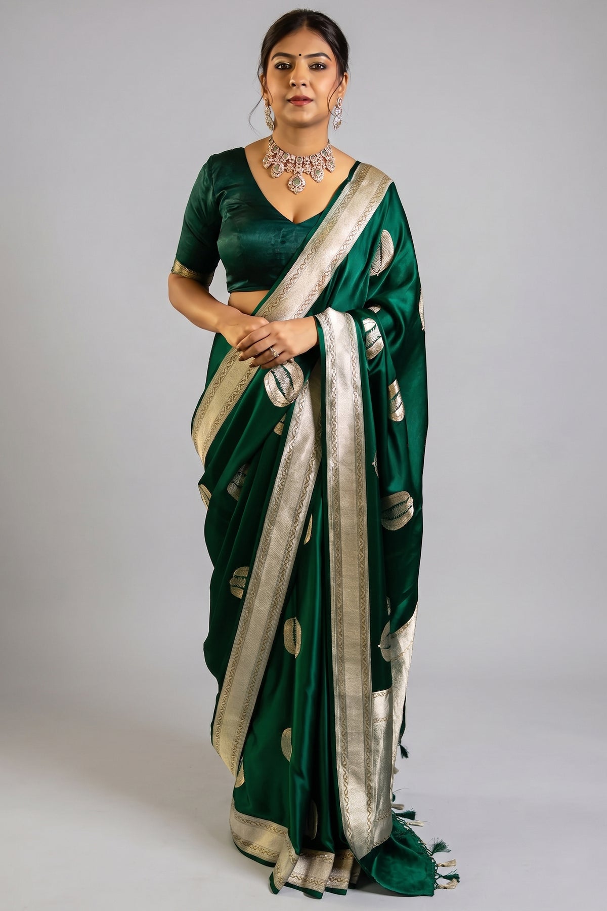 Bottle Green Mango Silk Woven Saree Contrast Border and Pallu