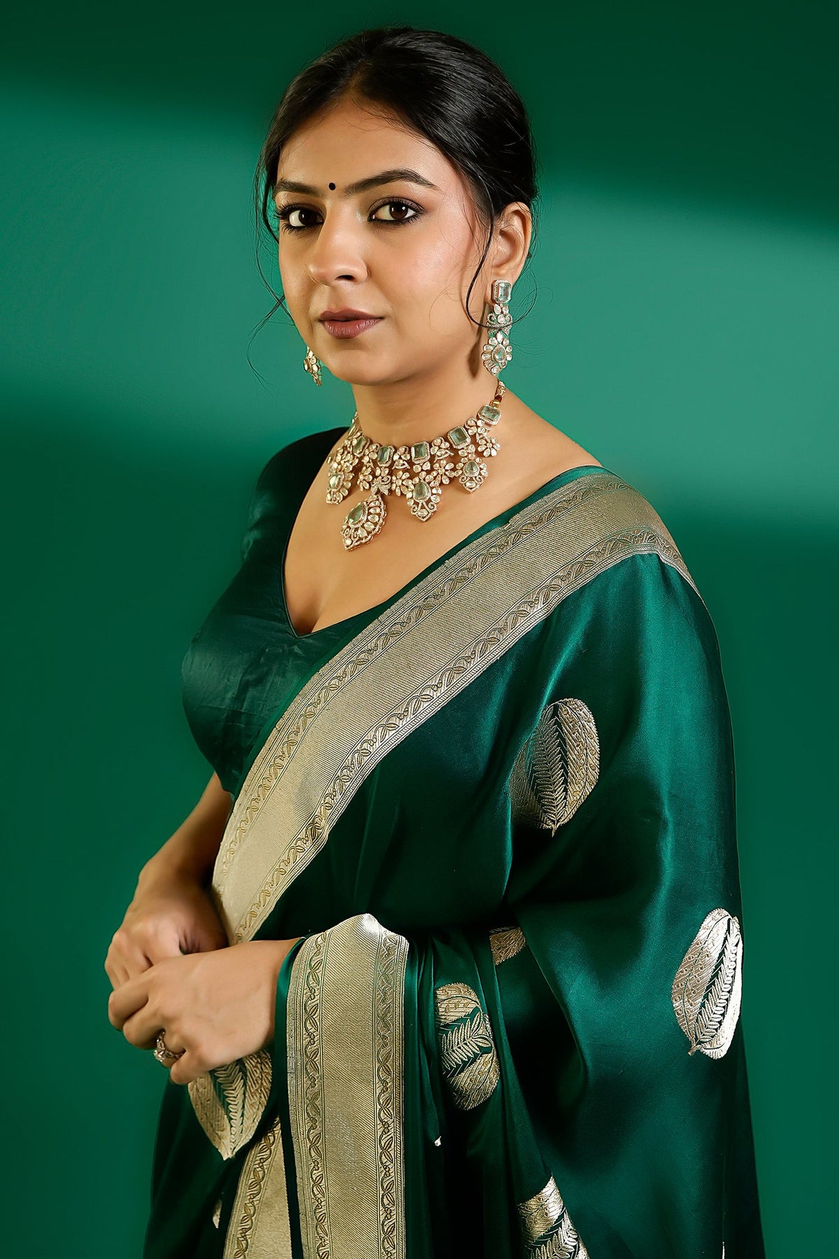 Bottle Green Mango Silk Woven Saree Contrast Border and Pallu - green silk saree
