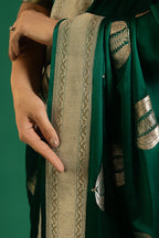 Bottle Green Mango Silk Woven Saree Contrast Border and Pallu - green silk saree
