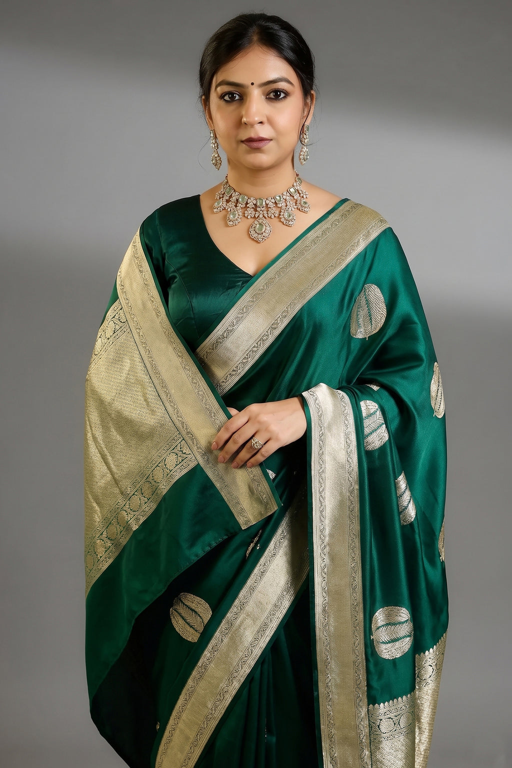 Bottle Green Mango Silk Woven Saree Contrast Border and Pallu - green silk saree