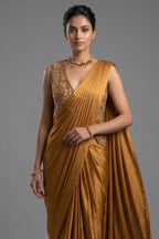 Golden Satin Silk Pre Draped Saree with Cutdana and Pearl Worked Jacket - gold silk saree