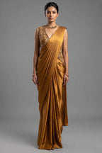 Golden Satin Silk Pre Draped Saree with Cutdana and Pearl Worked Jacket - gold silk saree