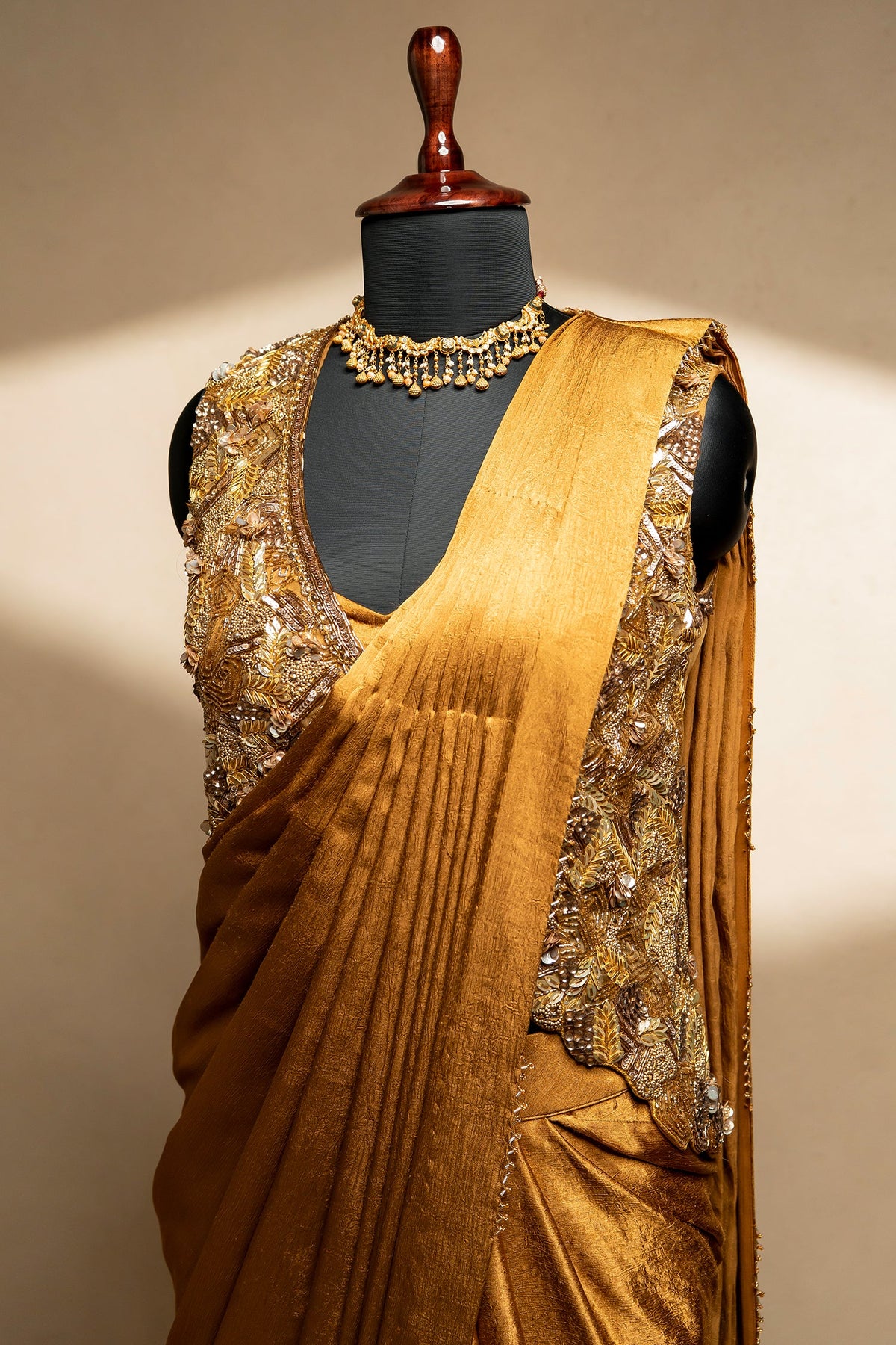 Golden Satin Silk Pre Draped Saree with Cutdana and Pearl Worked Jacket - gold silk saree