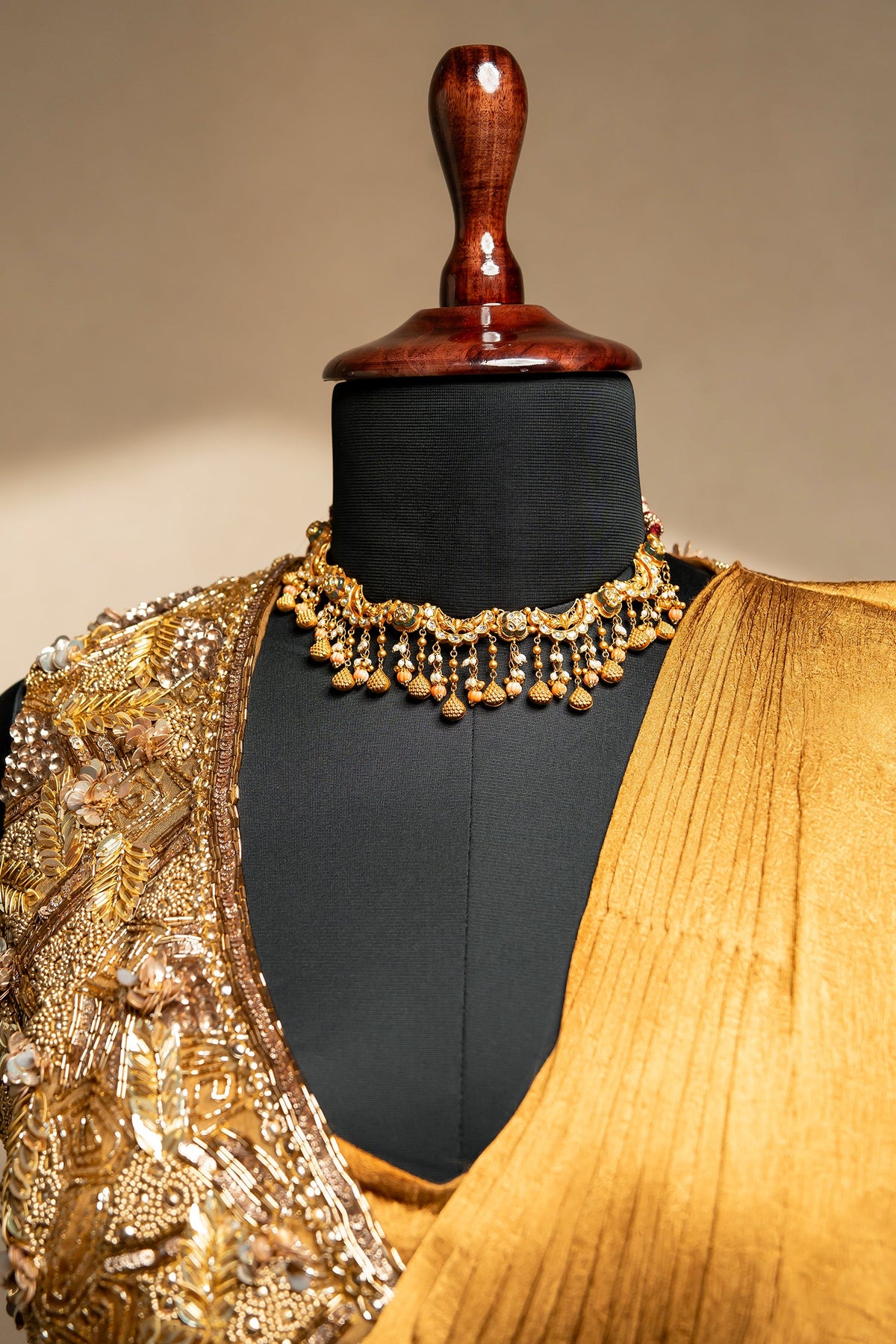 Golden Satin Silk Pre Draped Saree with Cutdana and Pearl Worked Jacket - gold silk saree