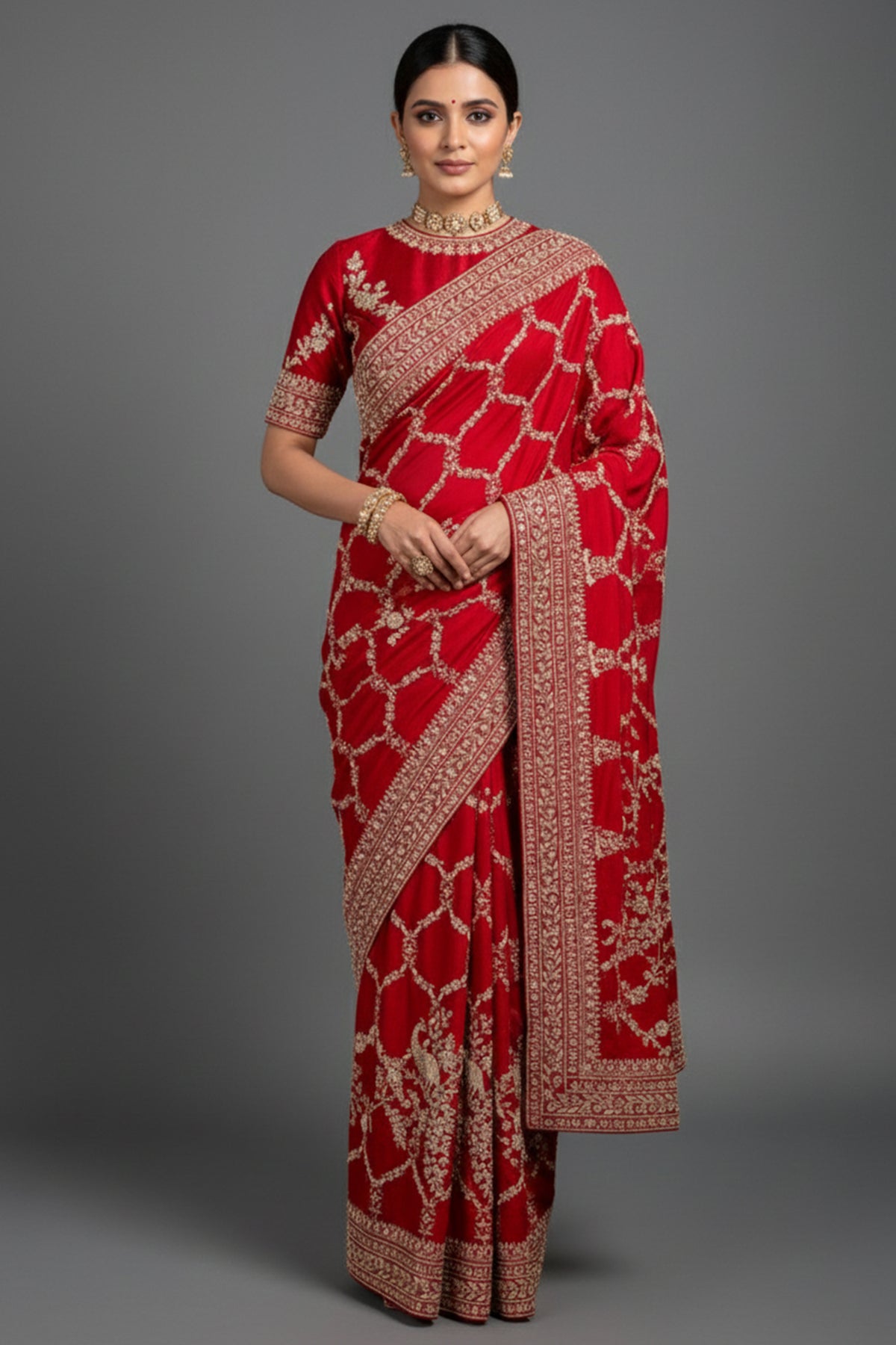 Red Satin Silk Designer Saree with Zardosi and Sequin Work
