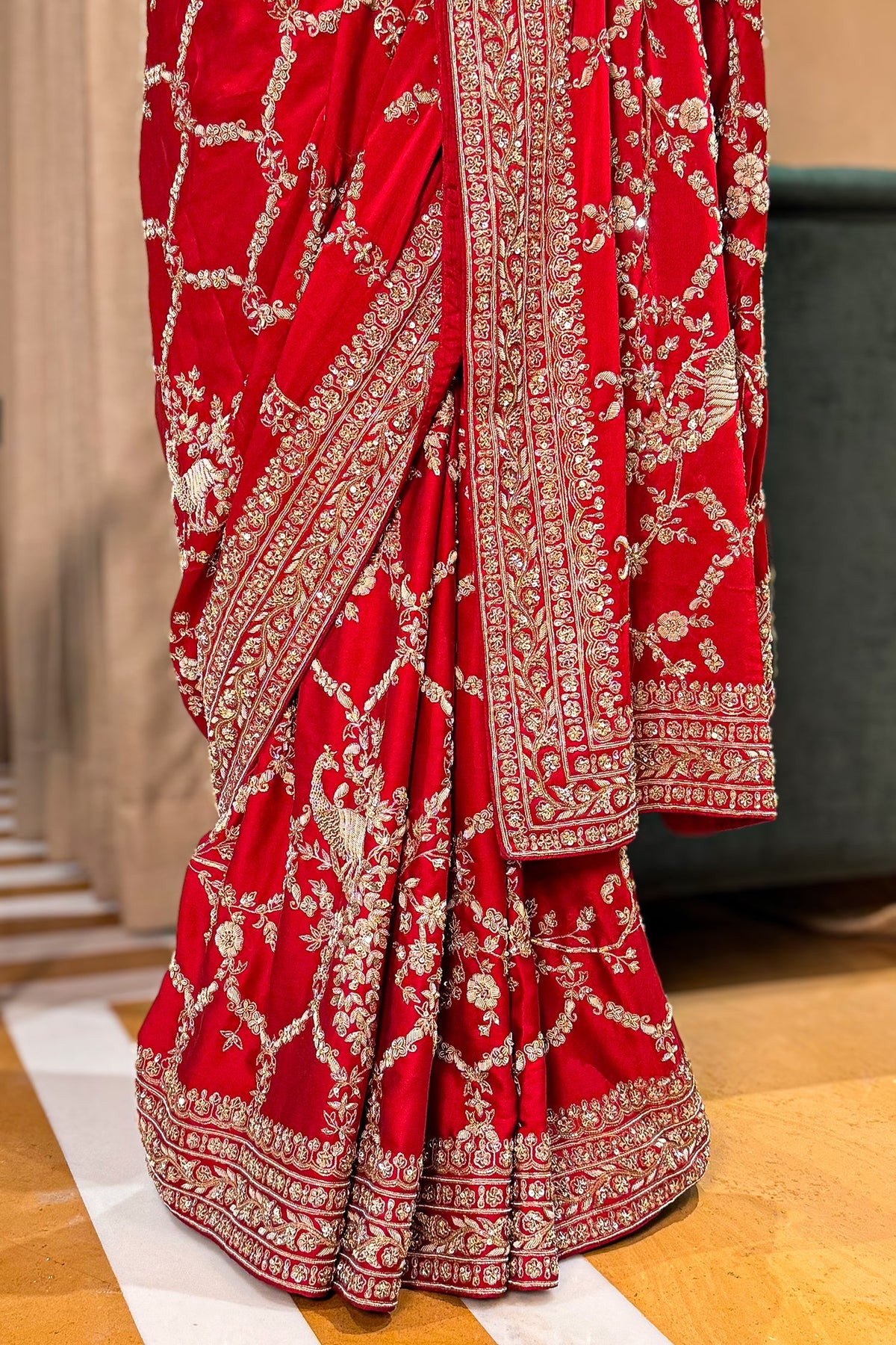 Red Satin Silk Designer Saree with Zardosi and Sequin Work - red silk saree