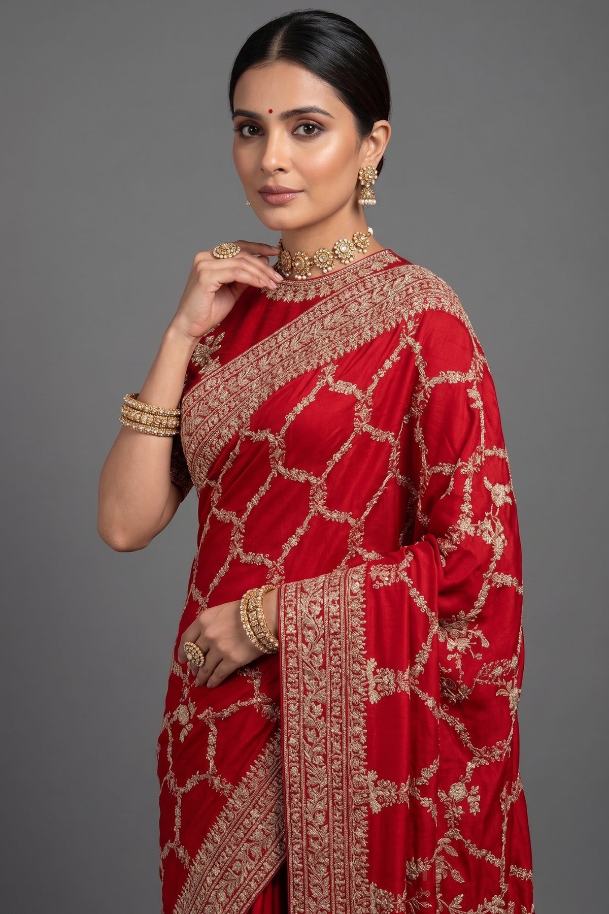 Red Satin Silk Designer Saree with Zardosi and Sequin Work - red silk saree