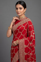 Red Satin Silk Designer Saree with Zardosi and Sequin Work - red silk saree