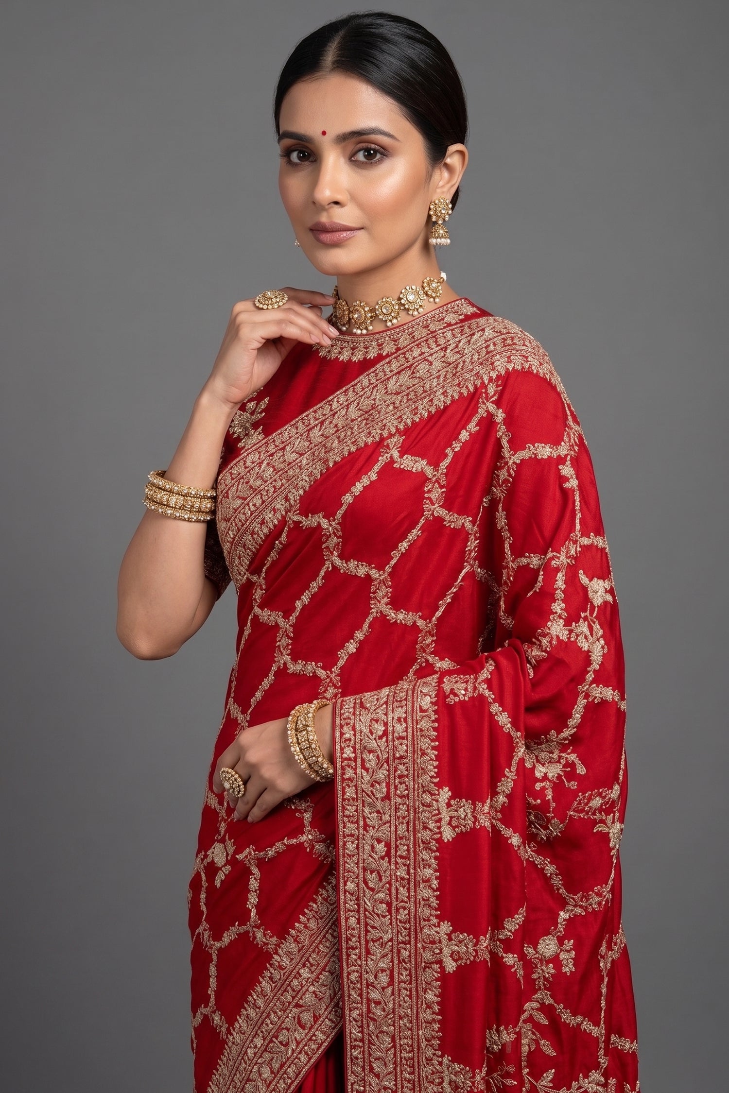 Red Satin Silk Designer Saree with Zardosi and Sequin Work - red silk saree