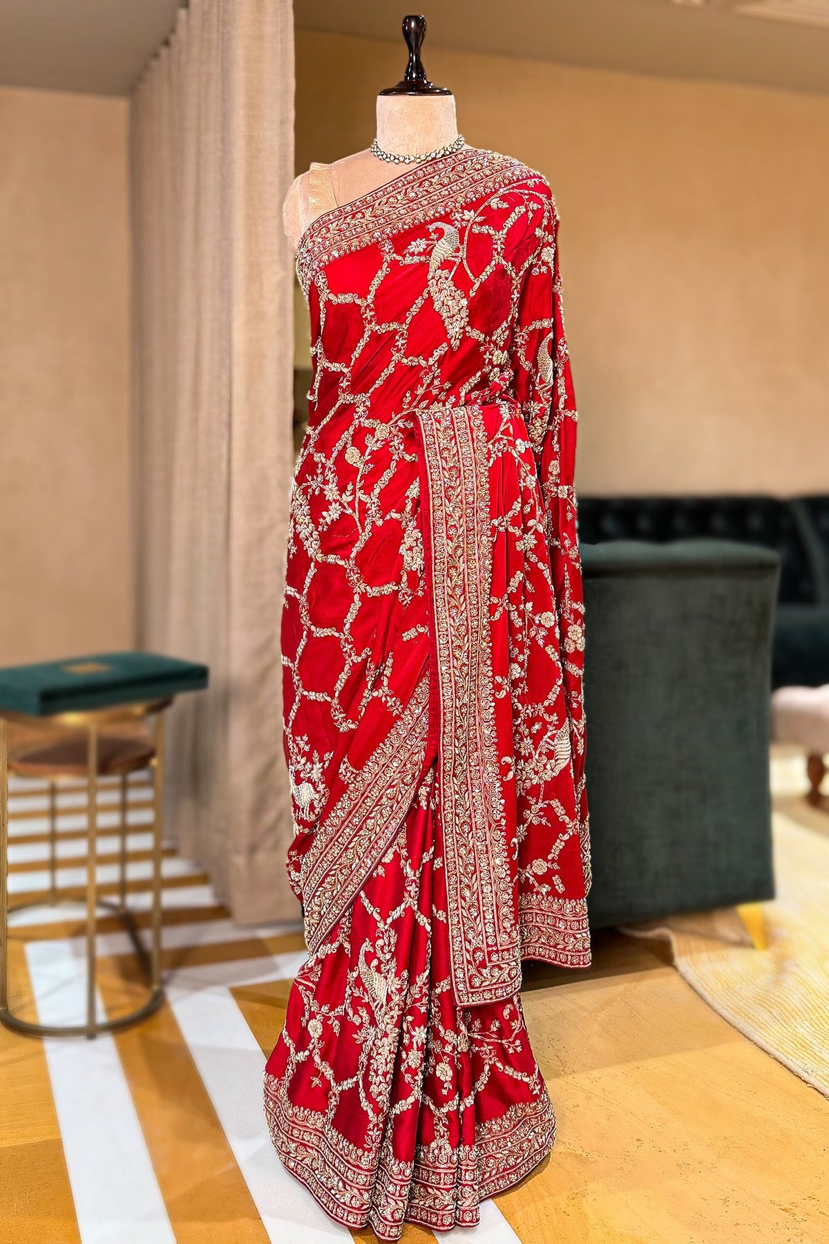 Red Satin Silk Designer Saree with Zardosi and Sequin Work - red silk saree