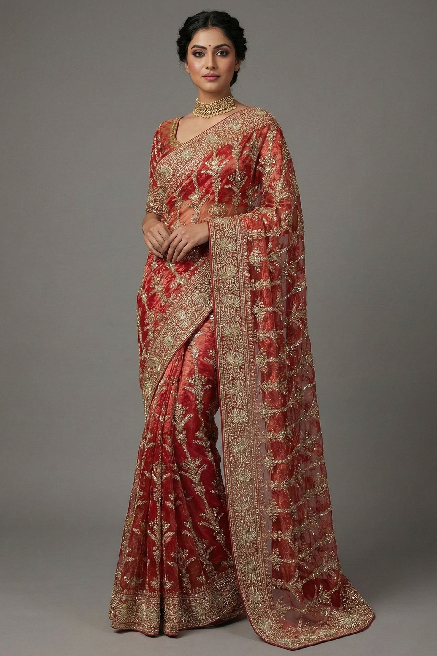 Rust Orange Organza Zardosi Worked Designer Saree - orange organza saree Main image