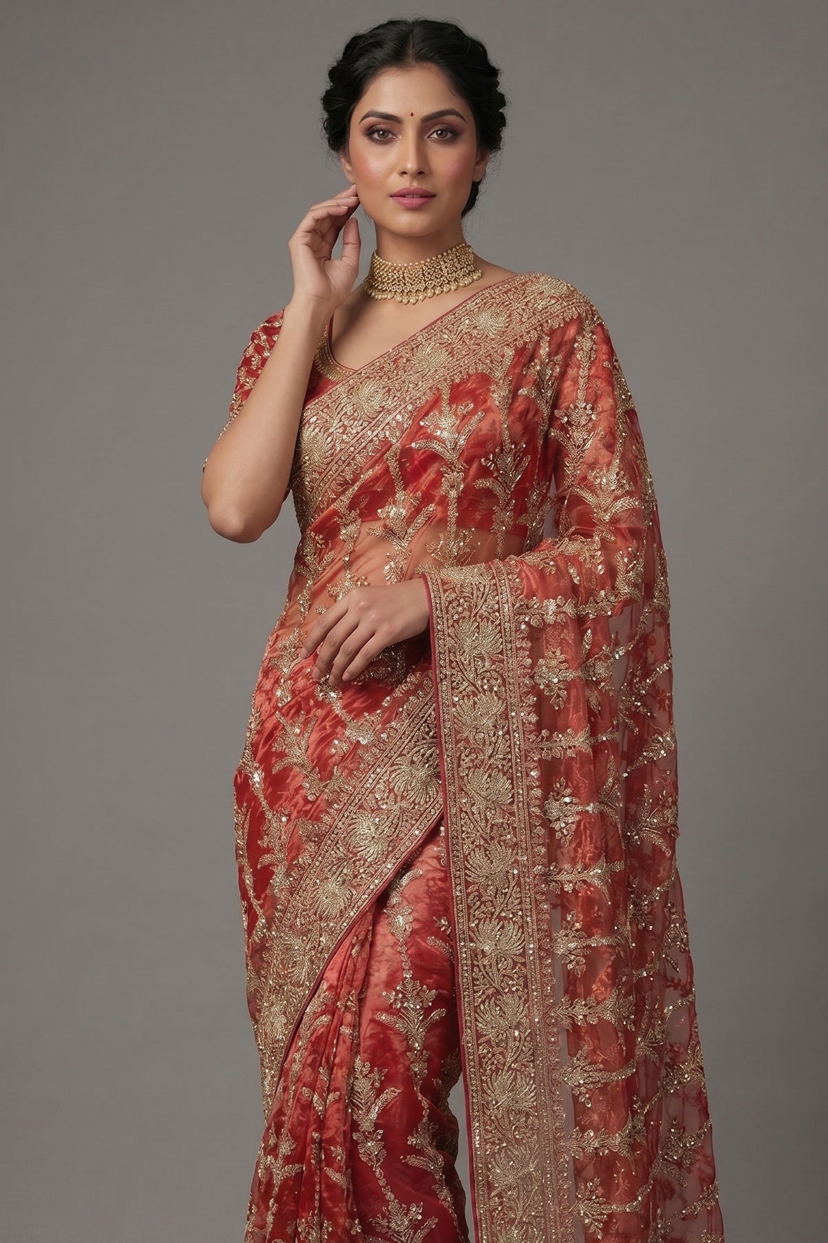 Rust Orange Organza Zardosi Worked Designer Saree - orange organza saree