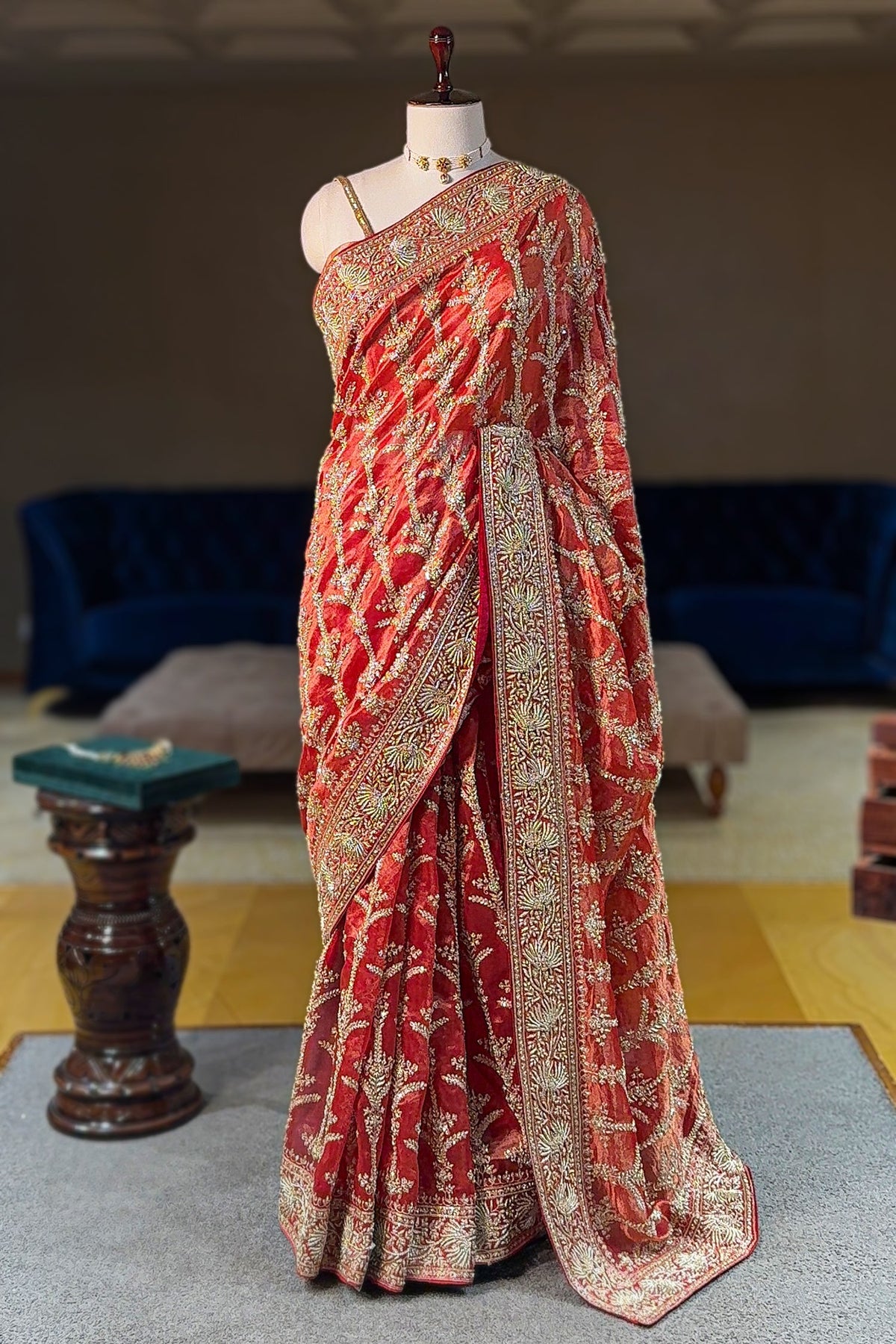 Rust Orange Organza Zardosi Worked Designer Saree - orange organza saree