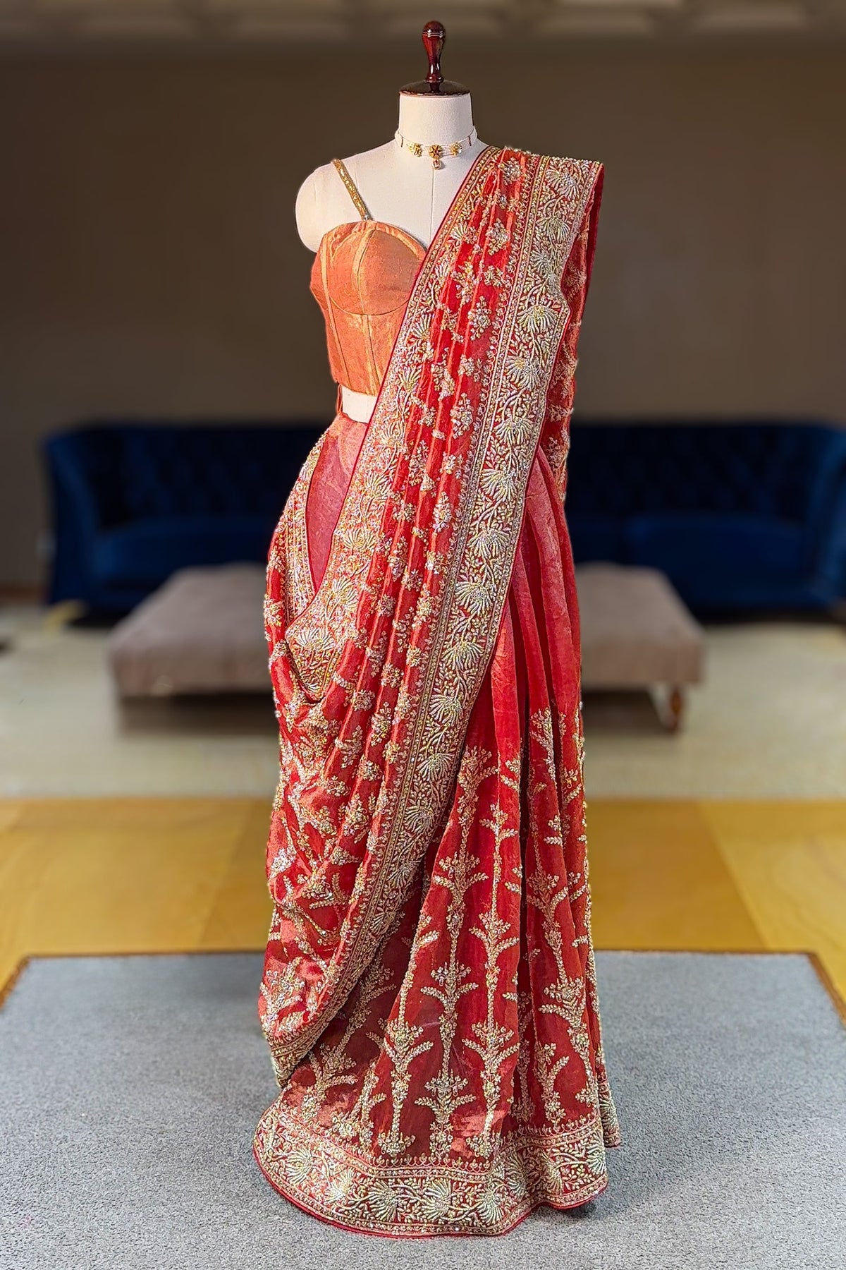 Rust Orange Organza Zardosi Worked Designer Saree - orange organza saree