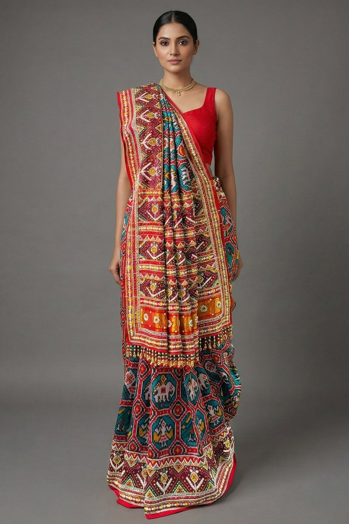 Green Silk Traditional Patola Saree with Multi Colored Bead and Mirror Work - red silk saree patola